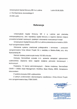 Referencje Infonet i OXARI od Szpital Uniwersytecki w Lublinie
